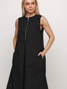 COS MINIMALIST ZIP UP MIDI SLEEVELESS NAVY BLUE BELTED DRESS